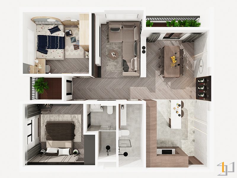 Thiết nội thất căn hộ 72m2 2 phòng ngủ
