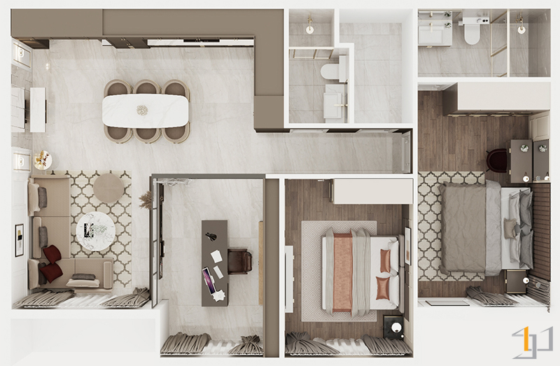 Thiết kế nội thất căn hộ 72m2 cho người mệnh Thổ có phòng làm việc riêng