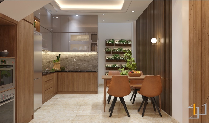 Phòng bếp thoáng đãng nhiều cây xanh