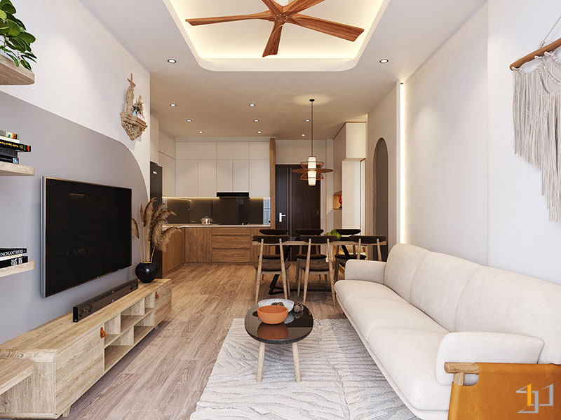 phòng bếp thông với phòng khách trong chung cư 70m2