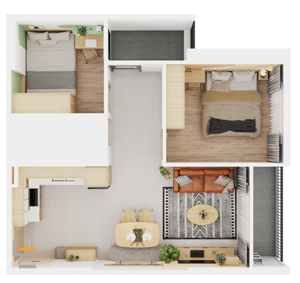 thiết kế nội thất chung cư 70m2 2 phòng ngủ