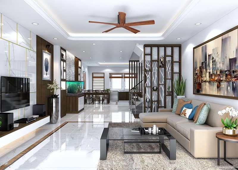 Phòng khách được lát gạch đá cao cấp với họa tiết vân mây nhẹ nhàng, tinh tế