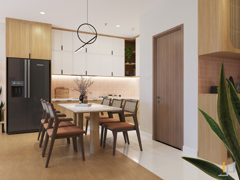 Khu vực bếp và bàn ăn với chất liệu gỗ ấm cúng nhưng không kém phần hiện đại