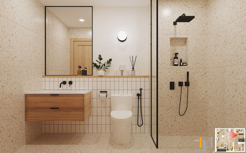 Hai mảng tường khác nhau làm hiện rõ hai khu vực chức năng riêng trong phòng tắm trong Thiết kế thi công nội thất chung cư trọn gói giá rẻ TP.HCM