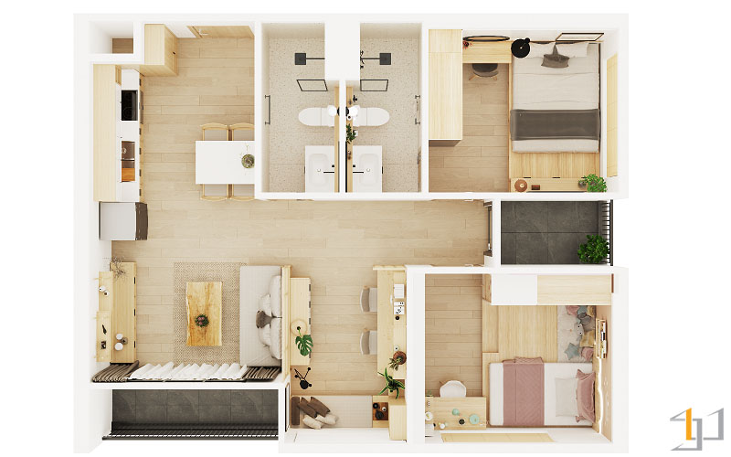 Mặt bằng chung của căn hộ chung cư Vinhomes Grand Park 2PN