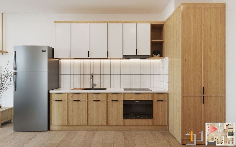 Không gian bếp với 2 tông màu trắng – nâu gỗ đầy nhã nhặn trong Thiết kế thi công nội thất chung cư trọn gói giá rẻ TP.HCM