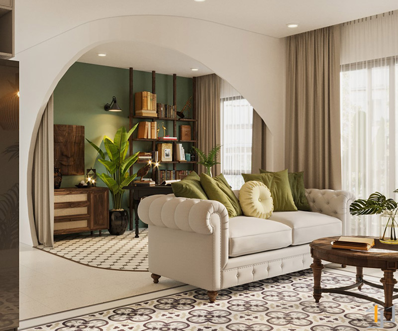 Bộ ghế sofa trắng cỡ lớn được nhấn nhá bằng những chiếc gối màu xanh chuối