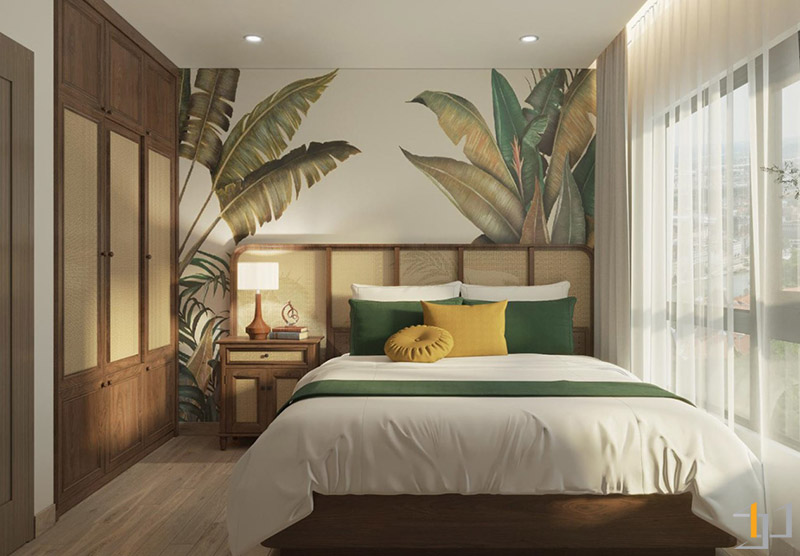 Bức tường phòng ngủ được trang trí với hình ảnh cây chuối đầy ấn tượng