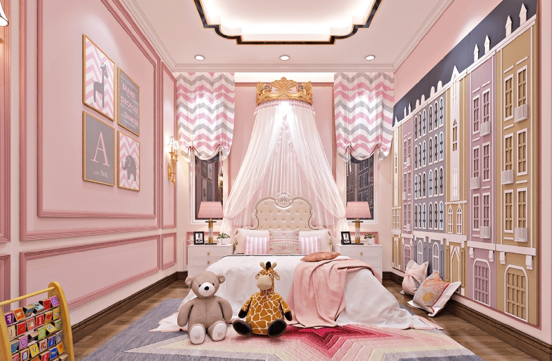 Phòng ngủ tân cổ điể màu hồng xinh xắn dành cho bé gái