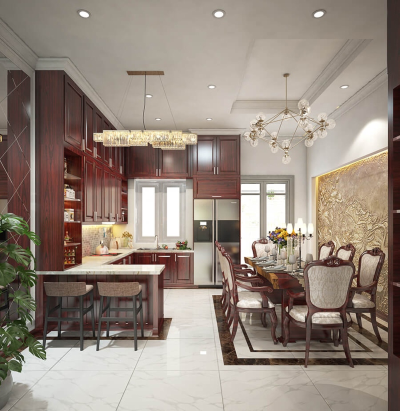 nhà bếp chữ L có quầy bar kết hợp bàn ăn