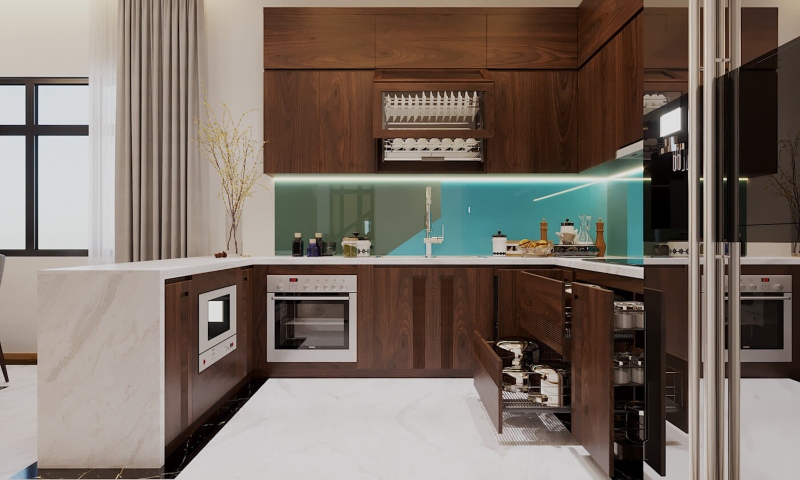 Tủ bếp chữ U hiện đang sang trọng