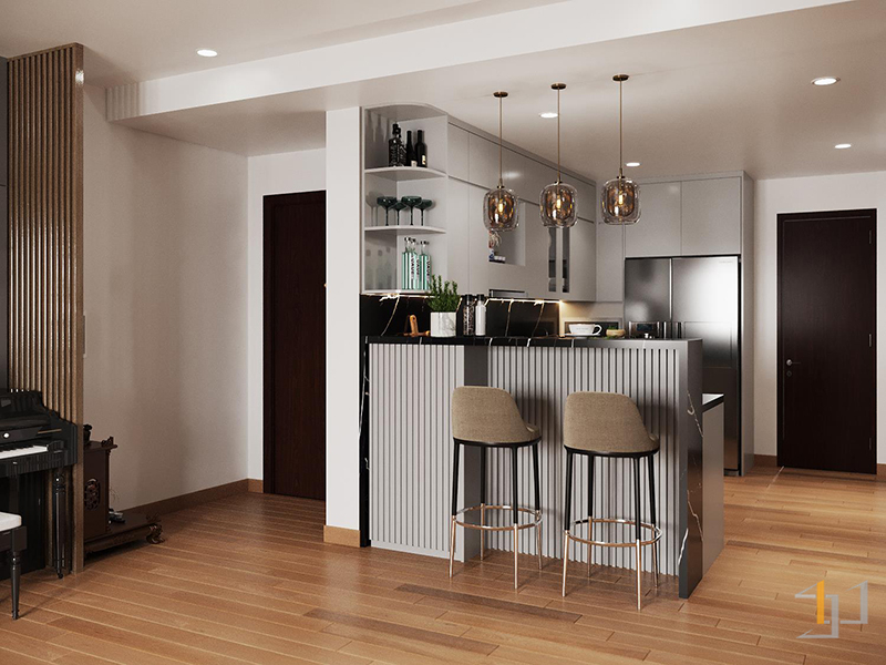 Khu vực bếp đầy sang trọng trong không gian nội thất căn hộ chung cư 120m2