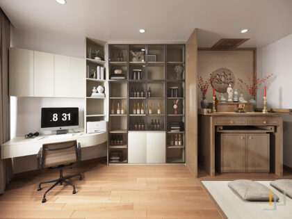 Khu vực bàn làm việc và kệ thờ đầy tôn kính trong không gian chung cư 120m2