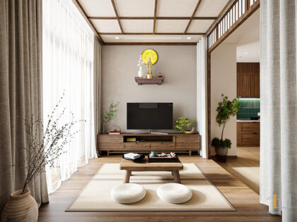 Không gian phòng khách phong cách trà đạo trong căn hộ 120m2