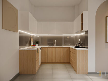 Tủ bếp chữ U hiện đại trong nhà phố 4 tầng Modern