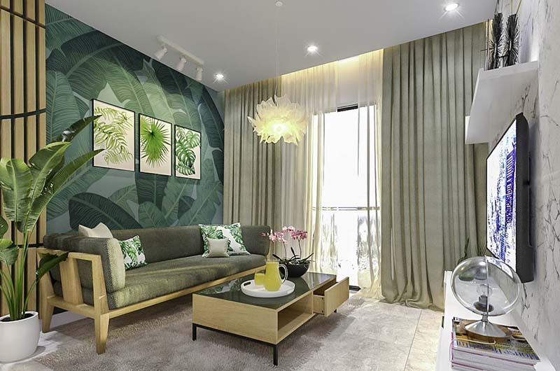 Thiết kế nội thất phòng khách phong cách nhiệt đới đẹp, sang trọng