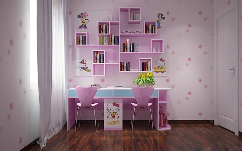 Bàn học đôi màu hồng