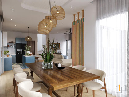 Không gian kết hợp nội thất gỗ và sắc xanh nhẹ nhàng tạo sự cân bằng giữa Thủy và Mộc, tránh cảm giác lấn át.