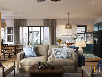 Bộ ghế sofa phòng khách màu beige hiện đại kết hợp với bàn trà gỗ truyền thống