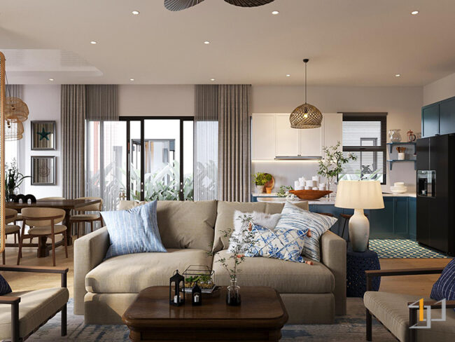 Bộ ghế sofa phòng khách màu beige hiện đại kết hợp với bàn trà gỗ truyền thống