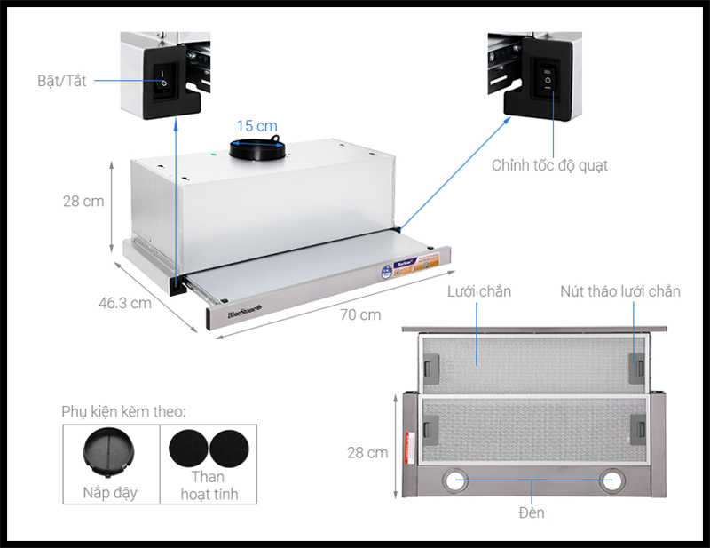 Cấu tạo cơ bản của máy hút mùi bếp Bluestone HOB-8725