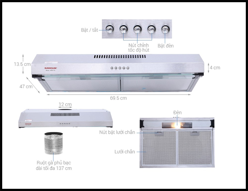 Các bộ phận của máy hút mùi bếp Sunhouse SHB6118l 