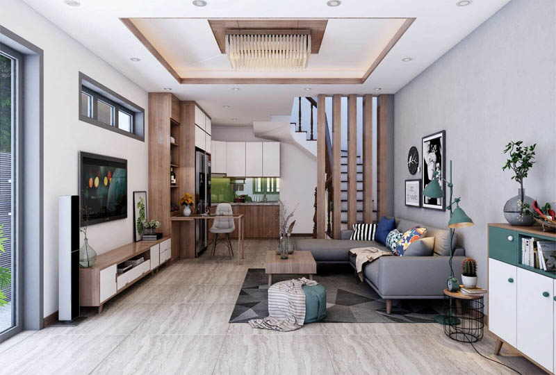 Mẫu phòng khách nhà ống 4m có cầu thang sử dụng vách ngăn gỗ