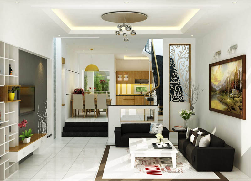 Mẫu phòng khách nhà ống đẹp 4m được thiết kế liền bếp