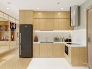 Thiết kế nội thất phòng bếp cực sang với hệ tủ bếp gỗ công nghiệp