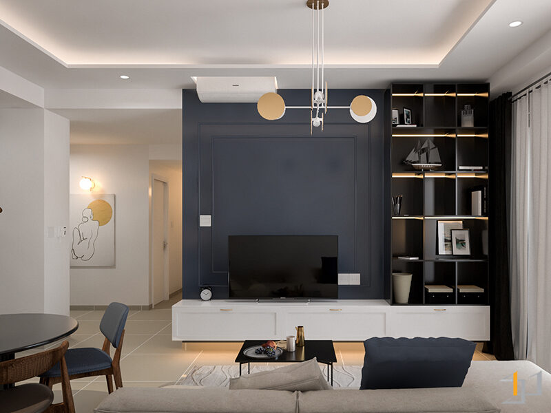 Trang trí phòng khách bằng kệ tivi kết hợp tủ trang trí