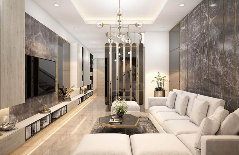 Các chất liệu cao cấp được ứng dụng trong phòng khách nhà ống