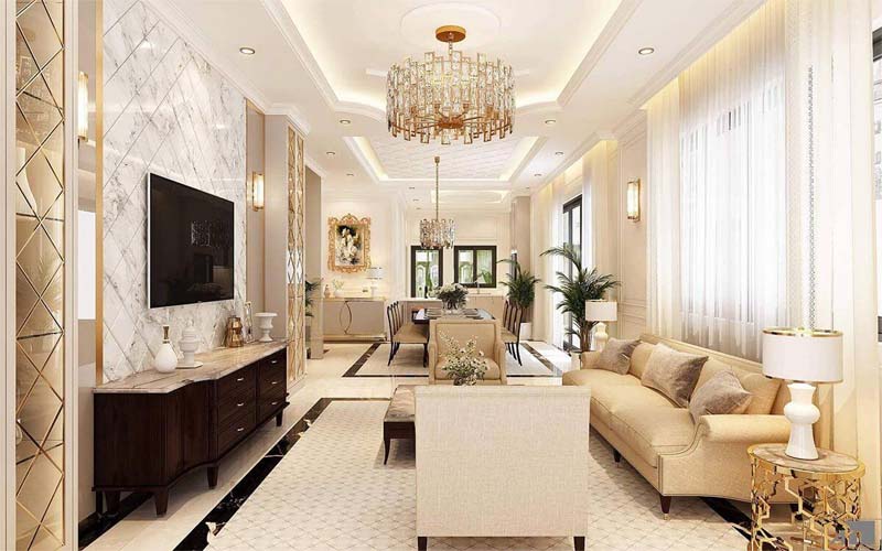 Ứng dụng phong cách sang trọng cho phòng khách nhà ống rộng 15 đến 25m2