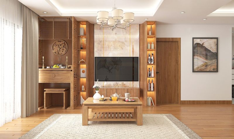 Phòng thờ trong phòng khách giúp tiết kiệm diện tích