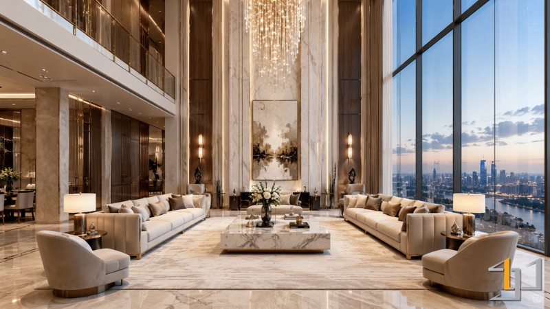 Bố cục đối xứng song song cho phòng khách penthouse