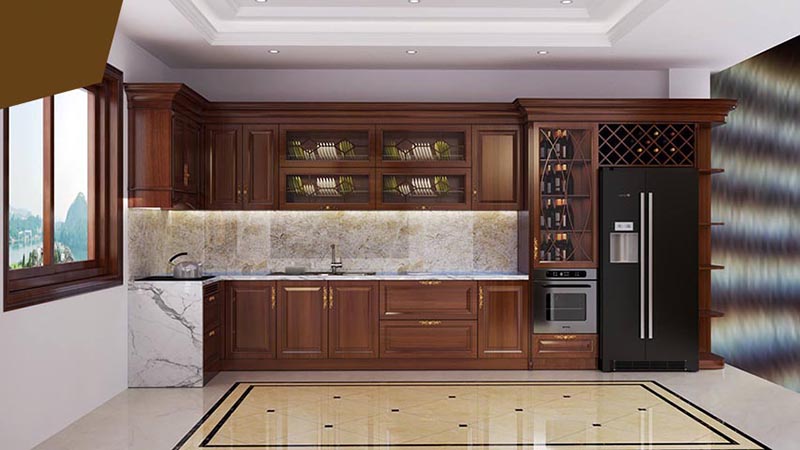 Tủ bếp cổ điển kết hợp tủ rượu