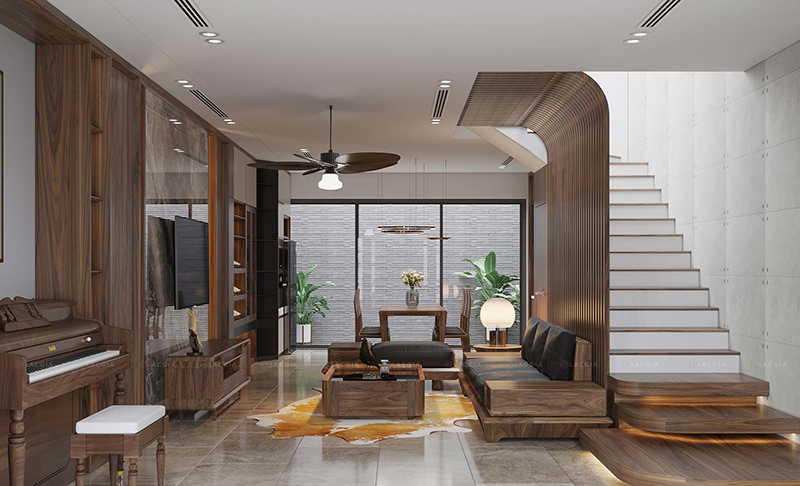Vật liệu gỗ chủ đạo trong phòng khách nhà ống