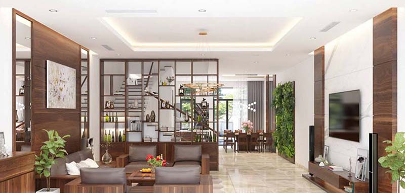 Thiết kế cầu thang đặt giữa phòng khách và bếp