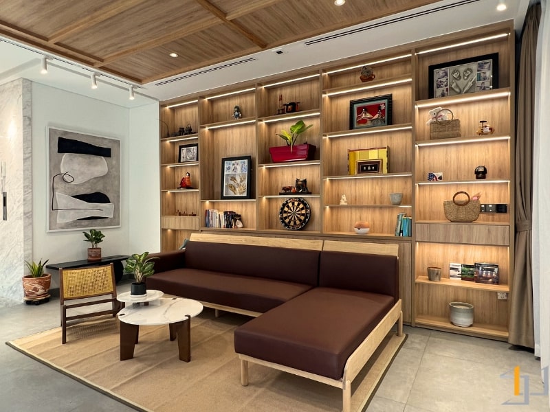Thi công nội thất phòng khách nhà phố Japandi