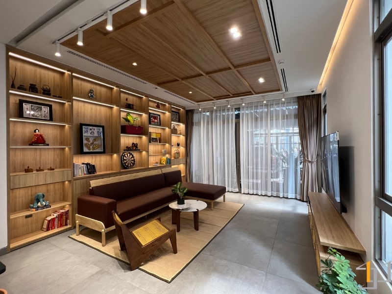 Thi công nội thất gỗ sang trọng cho phòng khách nhà phố Japandi