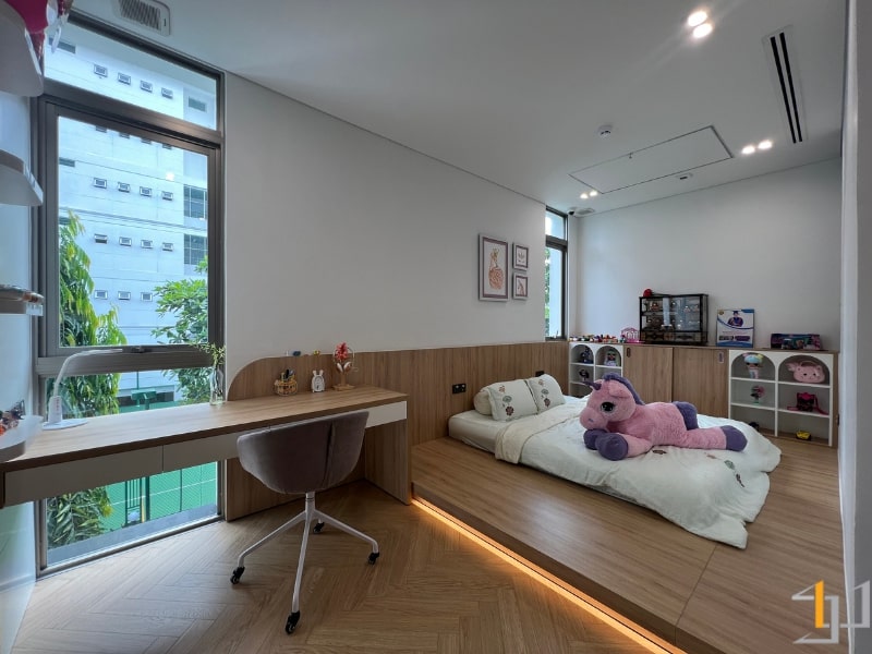 Thi công nội thất phòng ngủ bé gái trong nhà phố Japandi