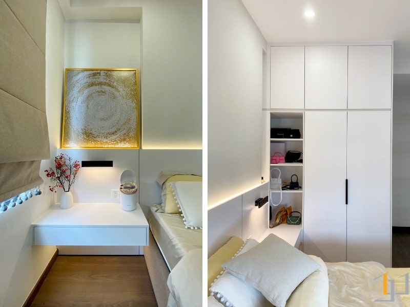 Nội thất màu sáng mang lại cảm giác dễ chịu và thông thoáng cho phòng ngủ căn hộ