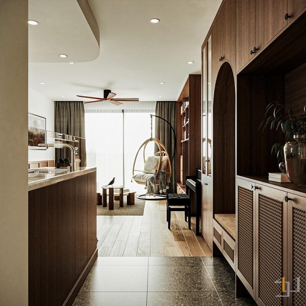 Góc nhìn từ cửa chính vào không gian chung của căn hộ