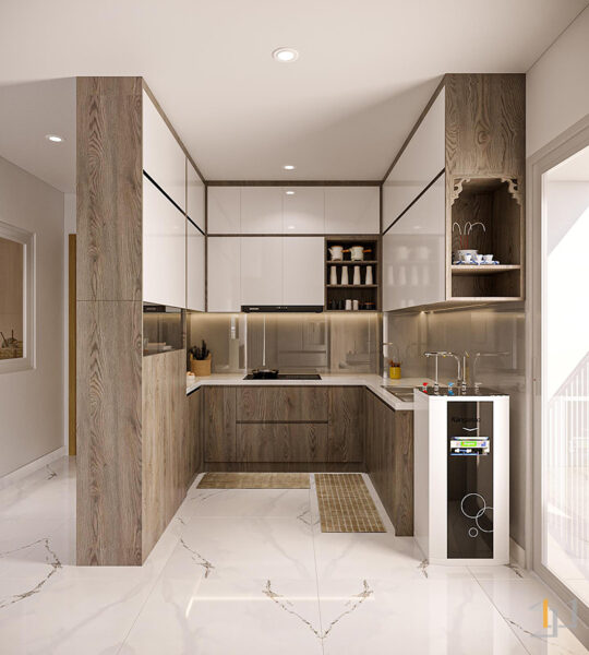 Tủ bếp chữ U tiện nghi cho căn hộ