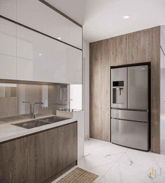 Tủ thiết bị được đặt đối diện bếp chữ U