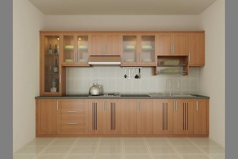 Tủ bếp nhôm kính chữ I giả gỗ