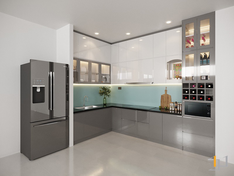 Mẫu tủ bếp đẹp Acrylic màu xám phối trắng