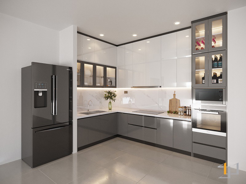 Mẫu tủ bếp đẹp Picomat  phủ Acrylic trắng xám