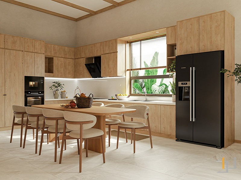 Tủ bếp gỗ Sồi phong cách Japandi