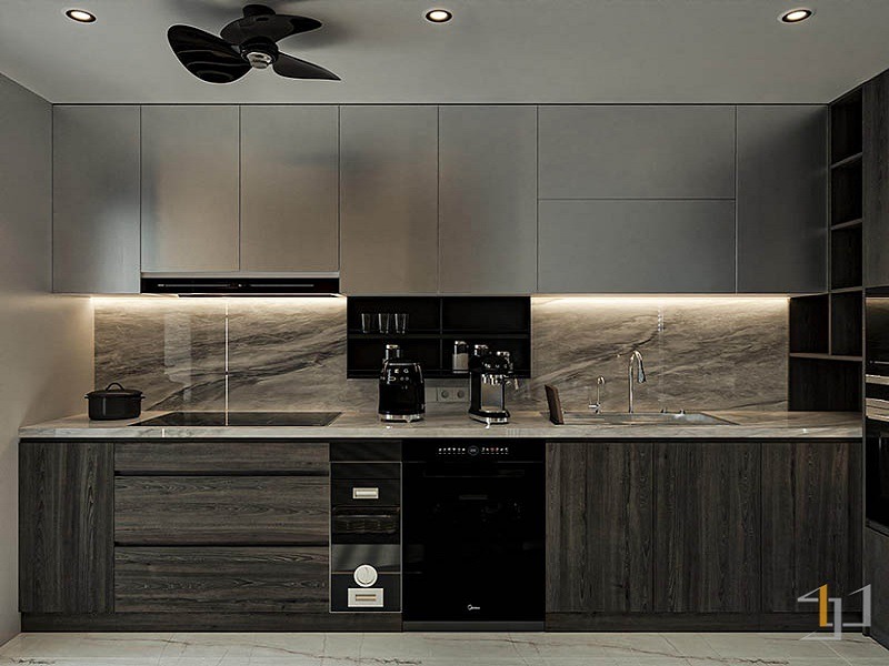 Tủ bếp đẹp sơn 2K phối xám với vân gỗ óc chó