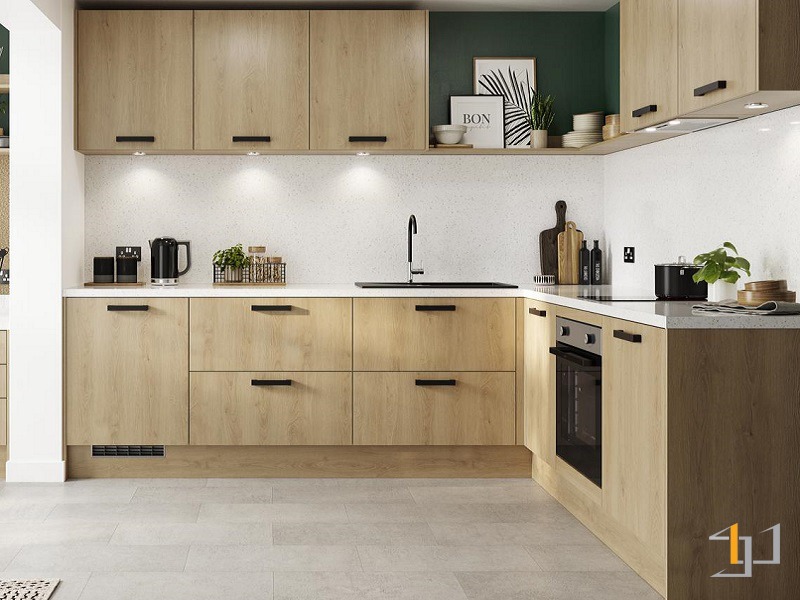 Mẫu tủ bếp gỗ Sồi chữ L hiện đại